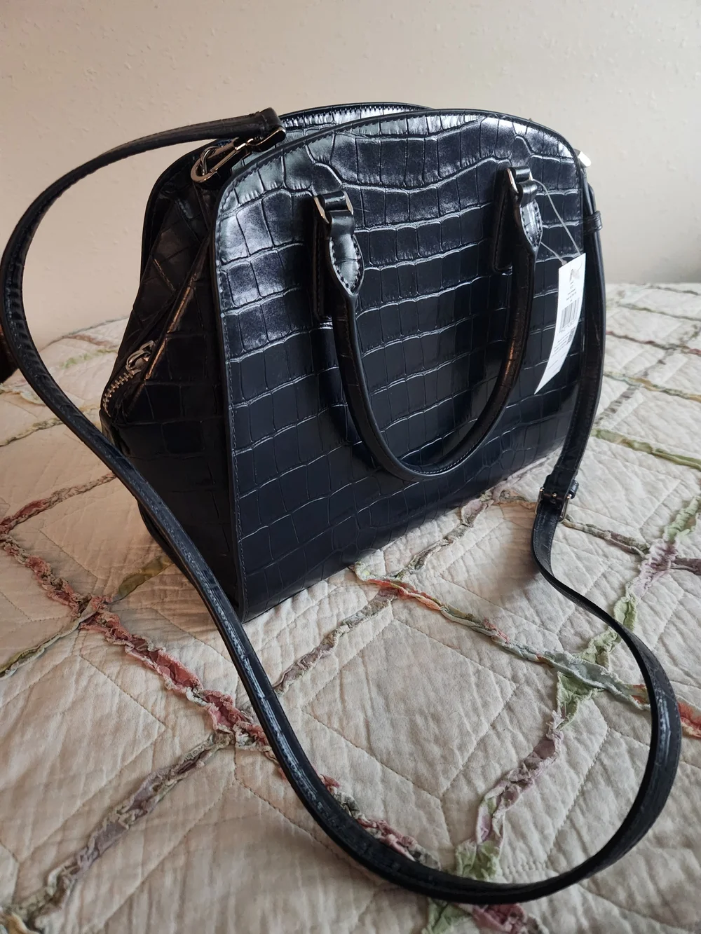 Kate Spade Blazer Blue Croc-Embossed Satchel, Silver Hardware, Crossbody Strap